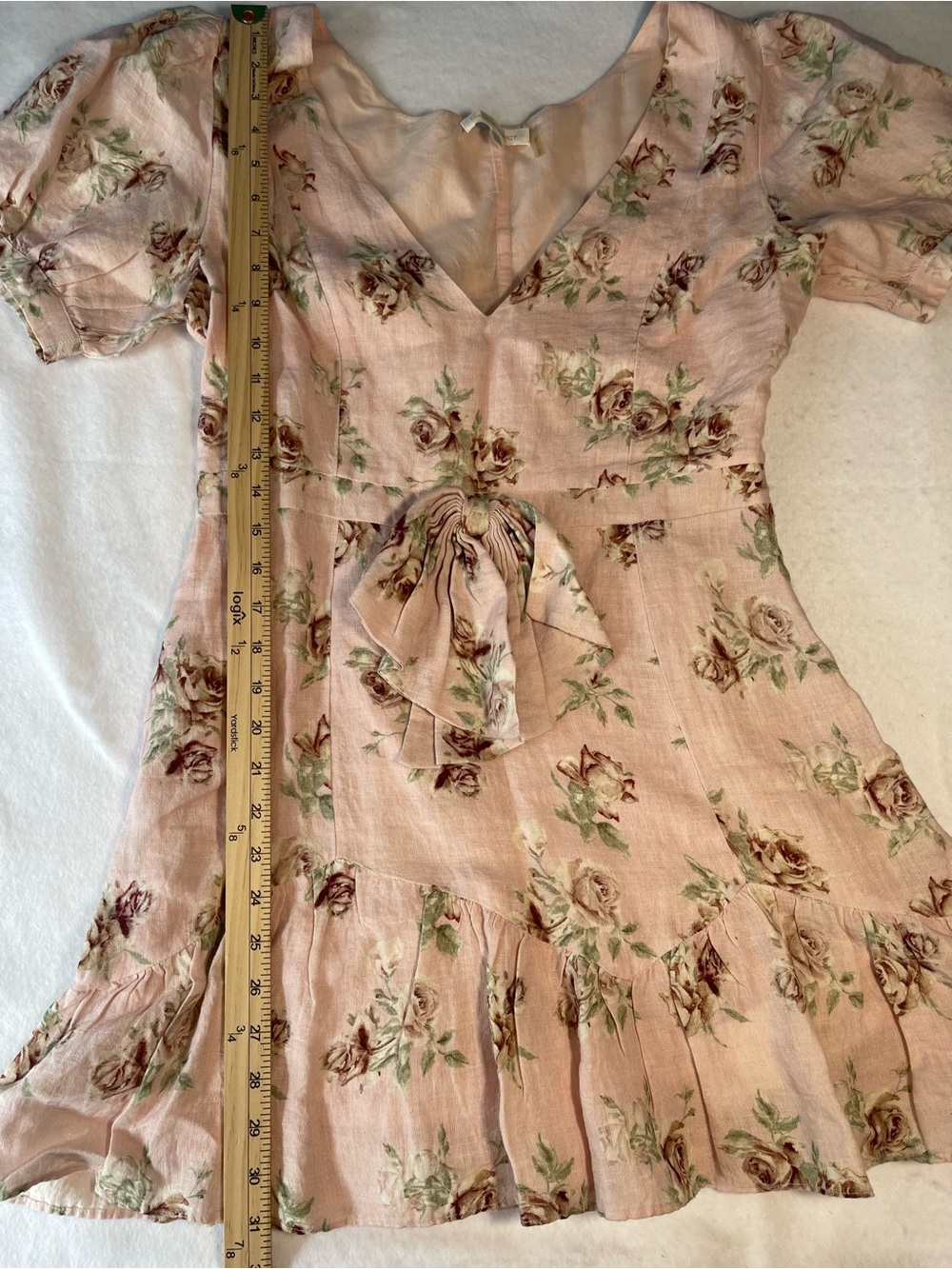 LoveShackFancy Pink Floral Linen Mini Dress Puff Sleeve Bow Detail Size Large - Picture 11 of 11